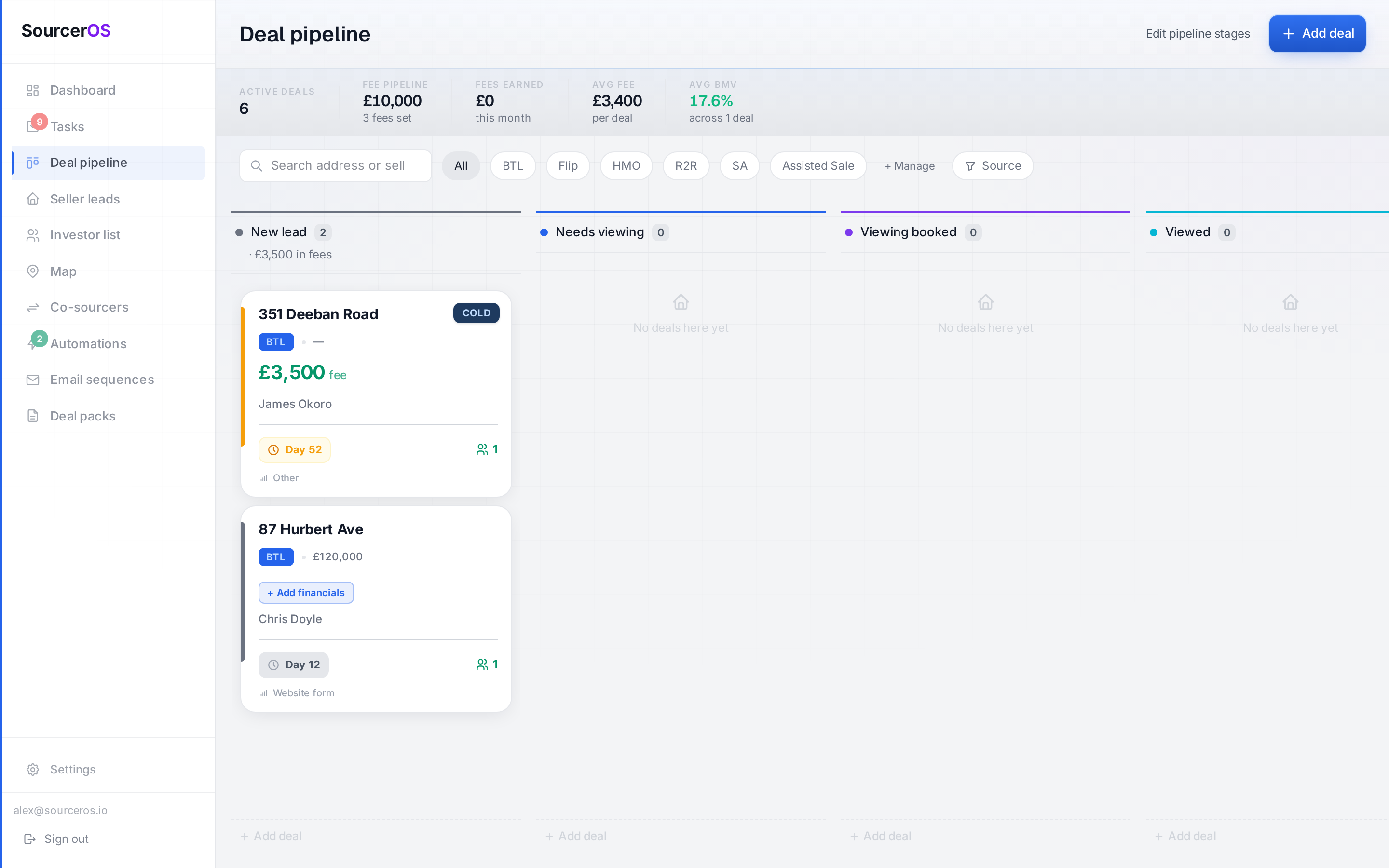 SourcerOS deal pipeline board showing deal cards with sourcing fees and stages