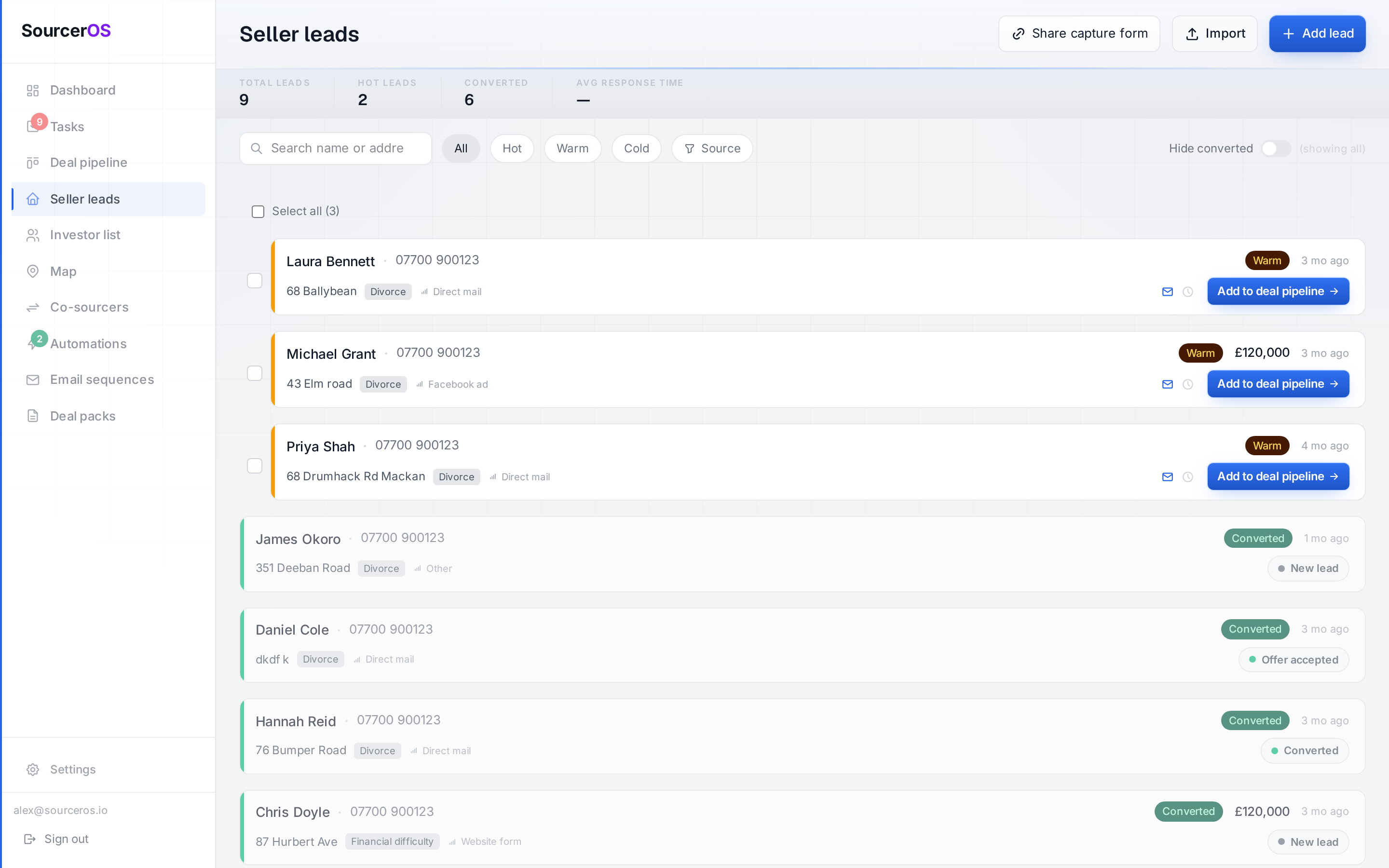 SourcerOS seller leads list with lead temperature, source and add to pipeline actions